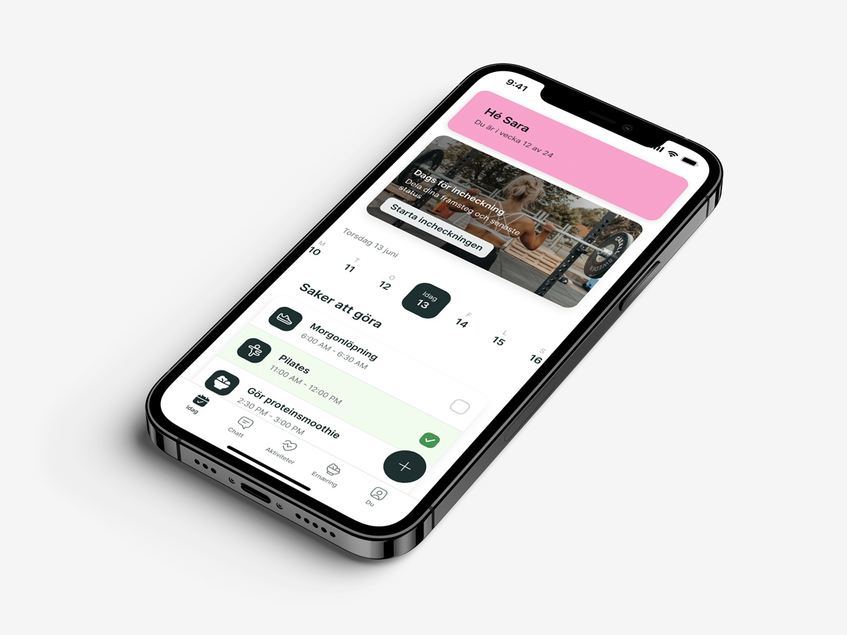 En mockup av coaching-appen som visar funktionerna.